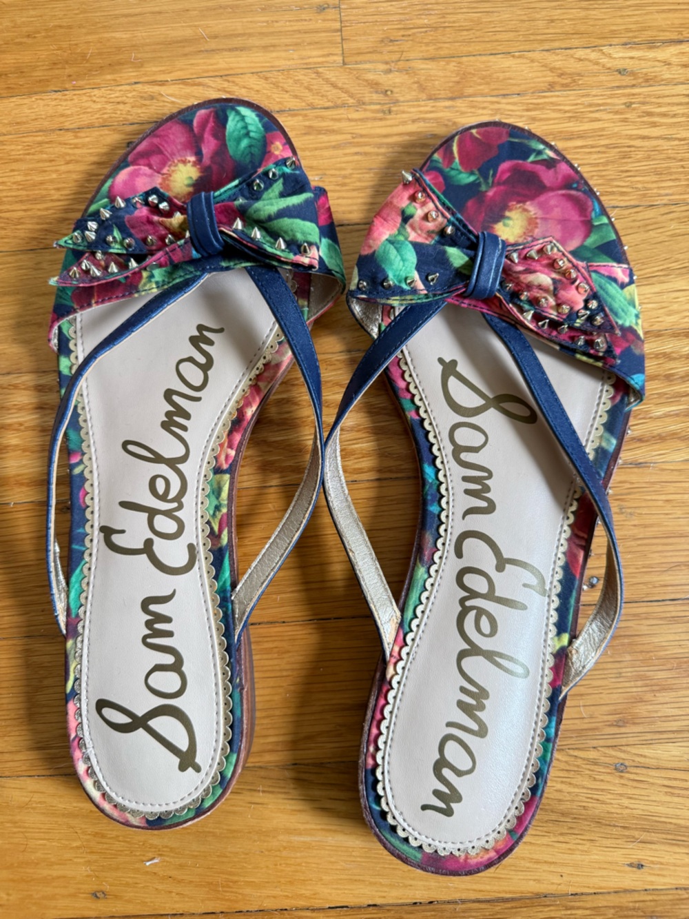 Sam Edelman Navy Floral Bow Stud Sandals